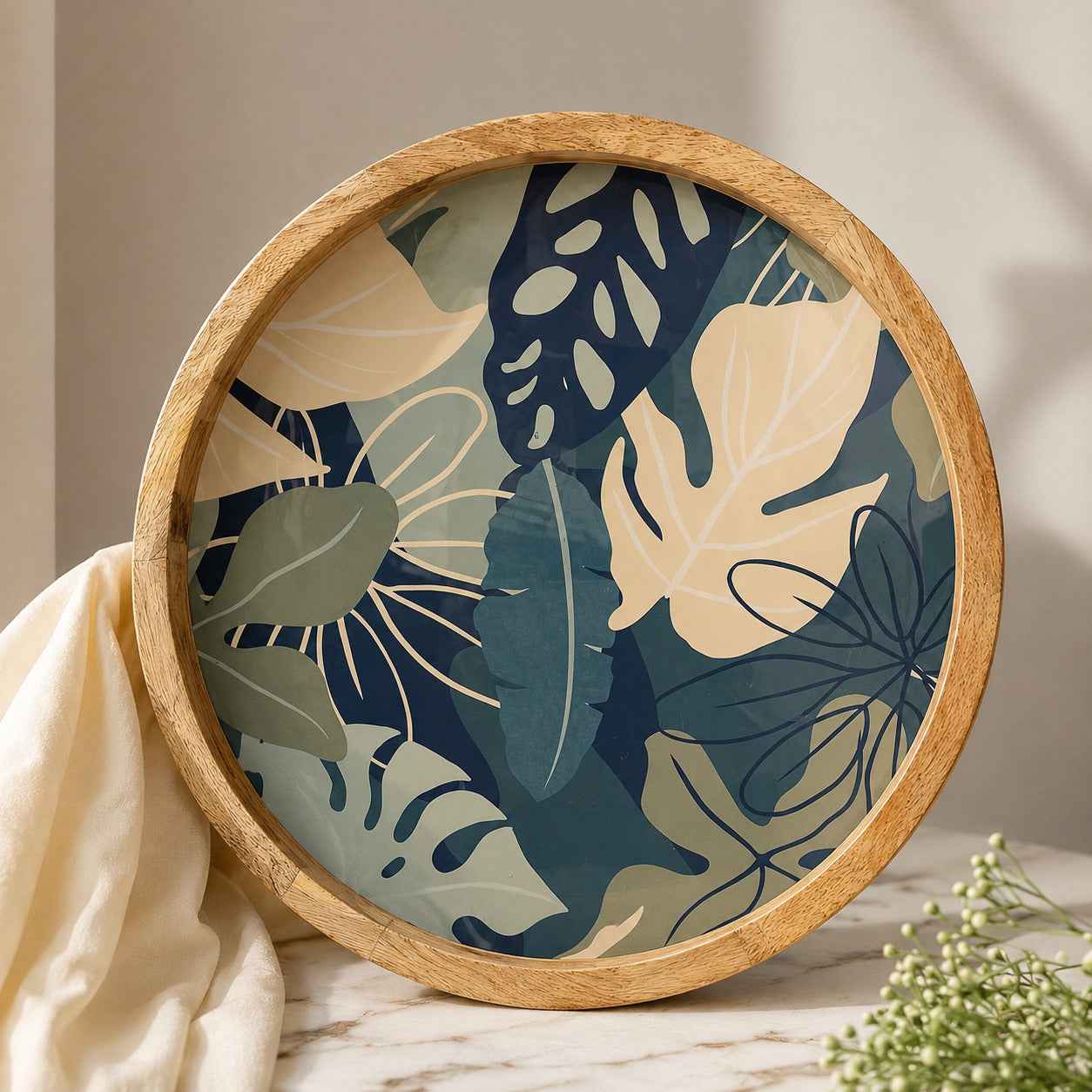Round Mango Wood Serving Tray with Tropical Leaf Design