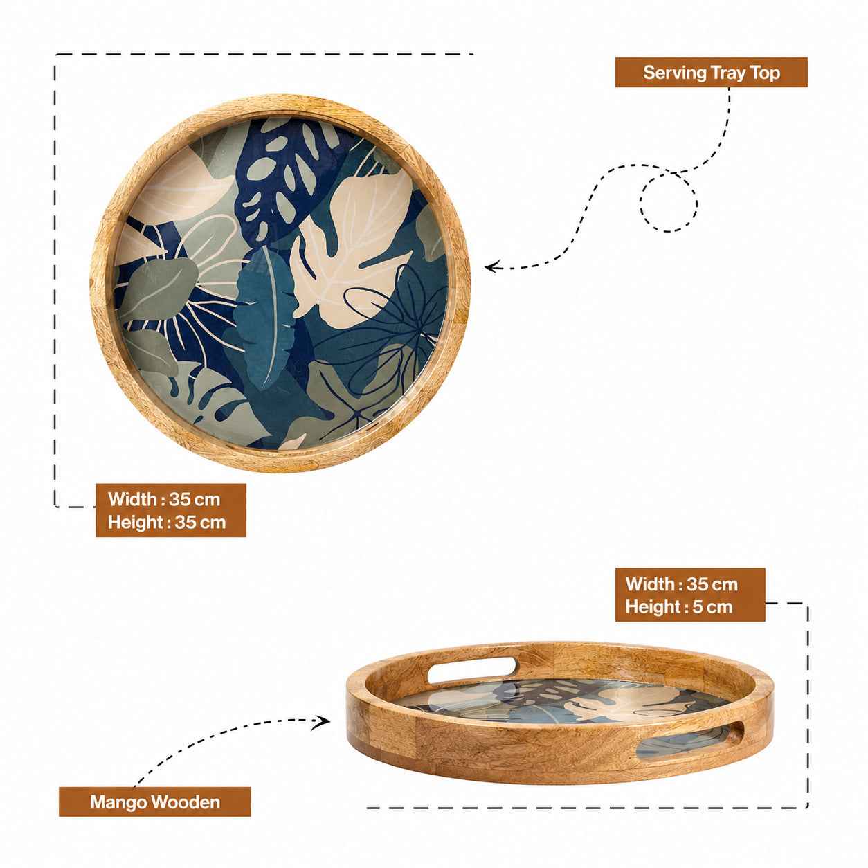 Round Mango Wood Serving Tray with Tropical Leaf Design