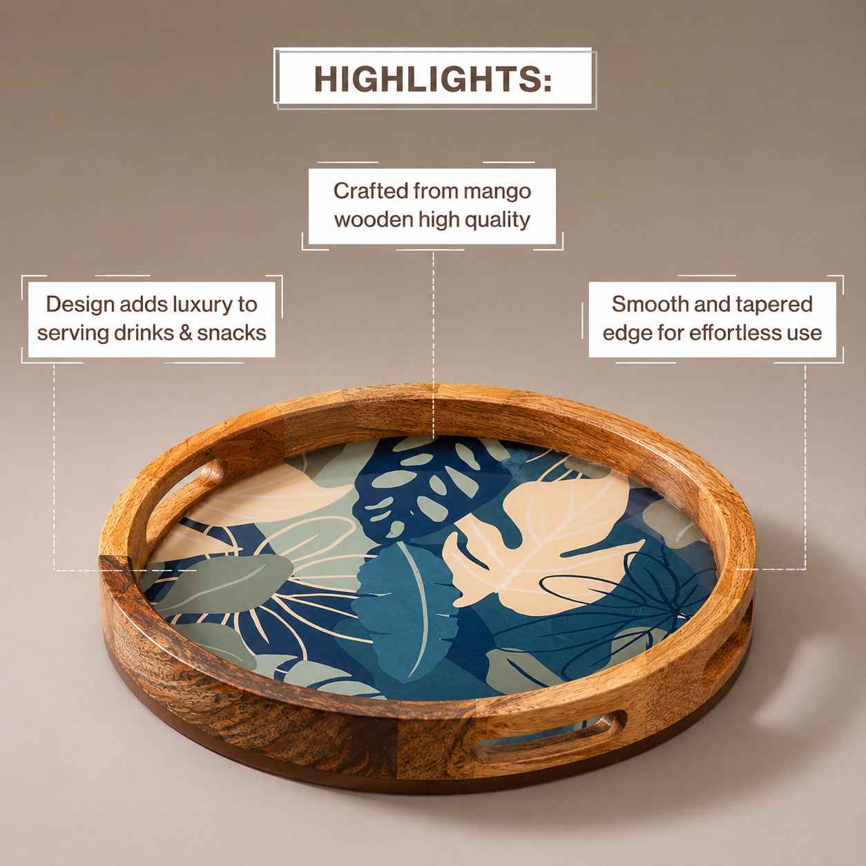 Round Mango Wood Serving Tray with Tropical Leaf Design