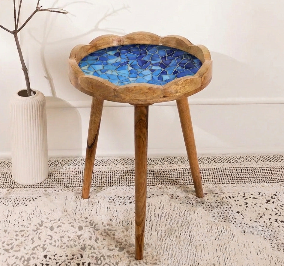 Premium Round Wooden Side Table with Blue Mosaic Design