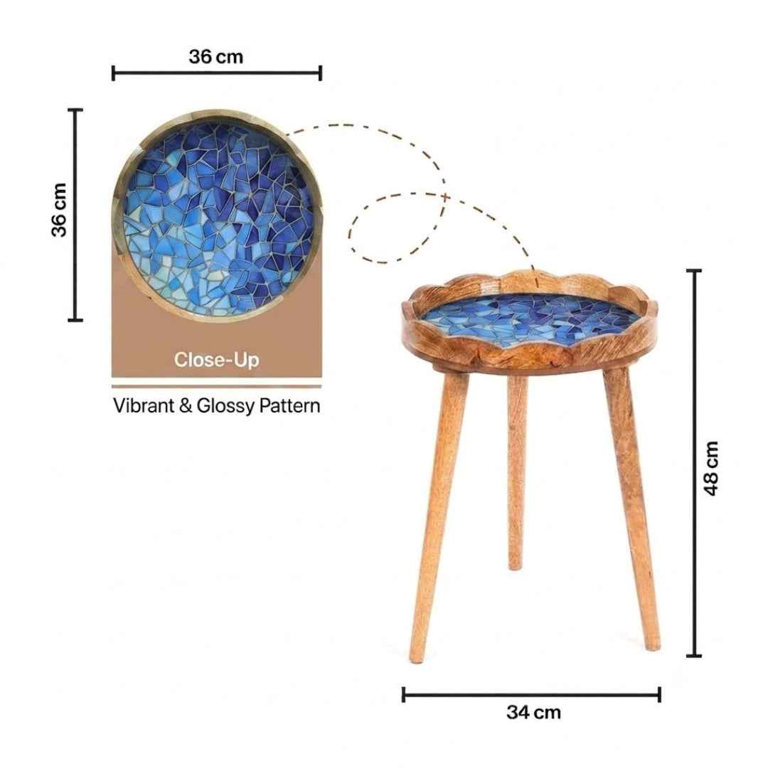 Side table with a blue mosaic tile top and light wood legs, shown with dimension callouts and a close-up inset of the tile pattern.