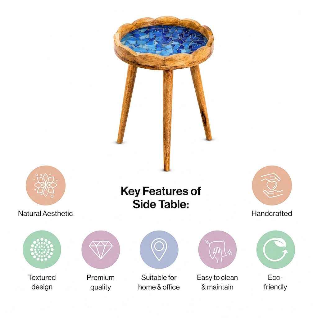 Premium Round Wooden Side Table with Blue Mosaic Design