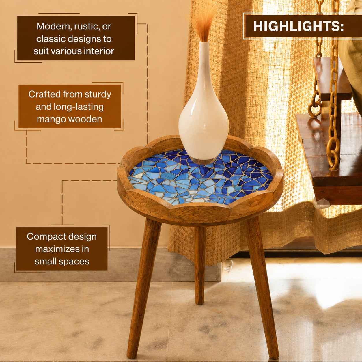 Premium Round Wooden Side Table with Blue Mosaic Design