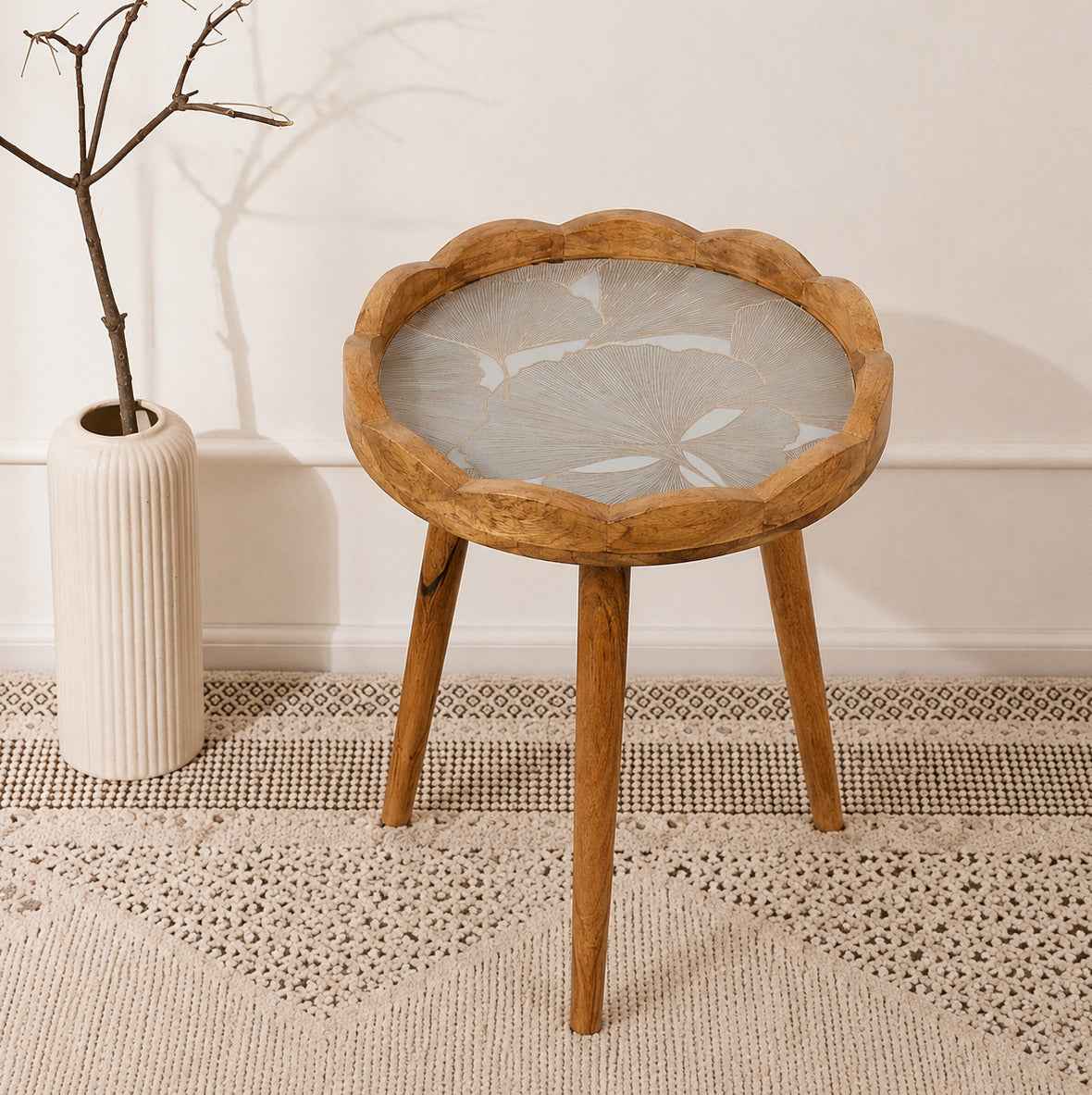 Round Wooden Coffee Side Table with Ginkgo Leaf Pattern