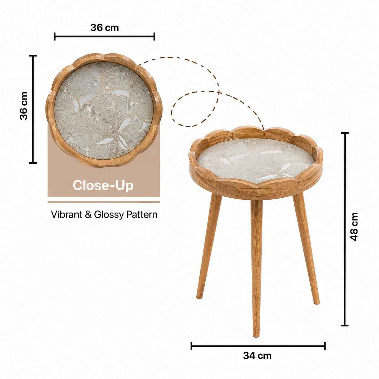 Round Wooden Coffee Side Table with Ginkgo Leaf Pattern