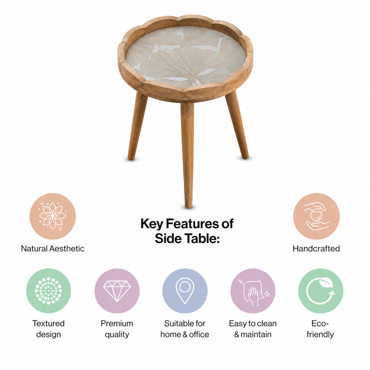 Round Wooden Coffee Side Table with Ginkgo Leaf Pattern