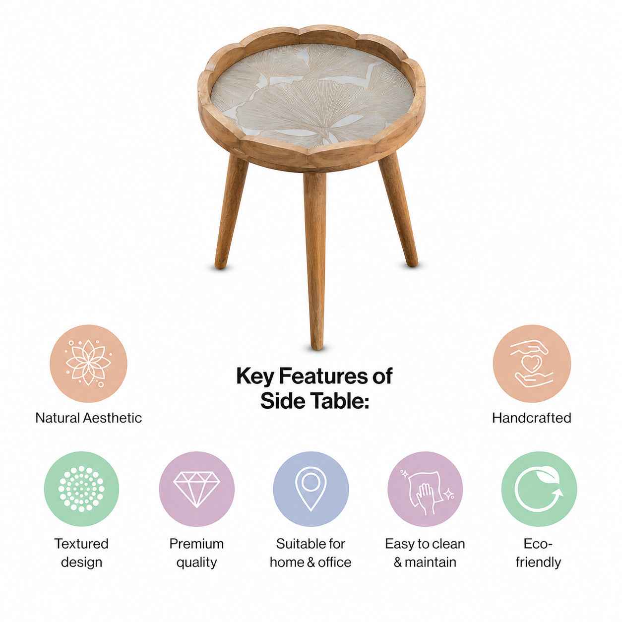 Round Wooden Coffee Side Table with Ginkgo Leaf Pattern