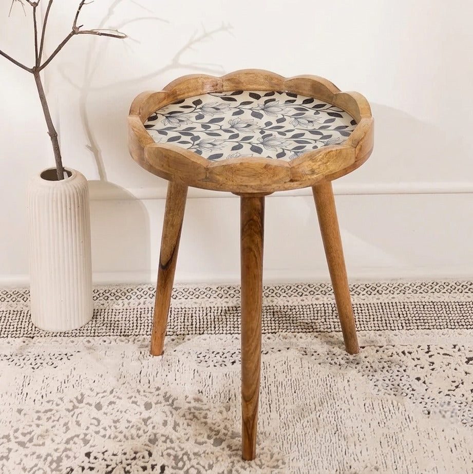 Round Wooden Bed Side Table with Mangolia Lotus Design