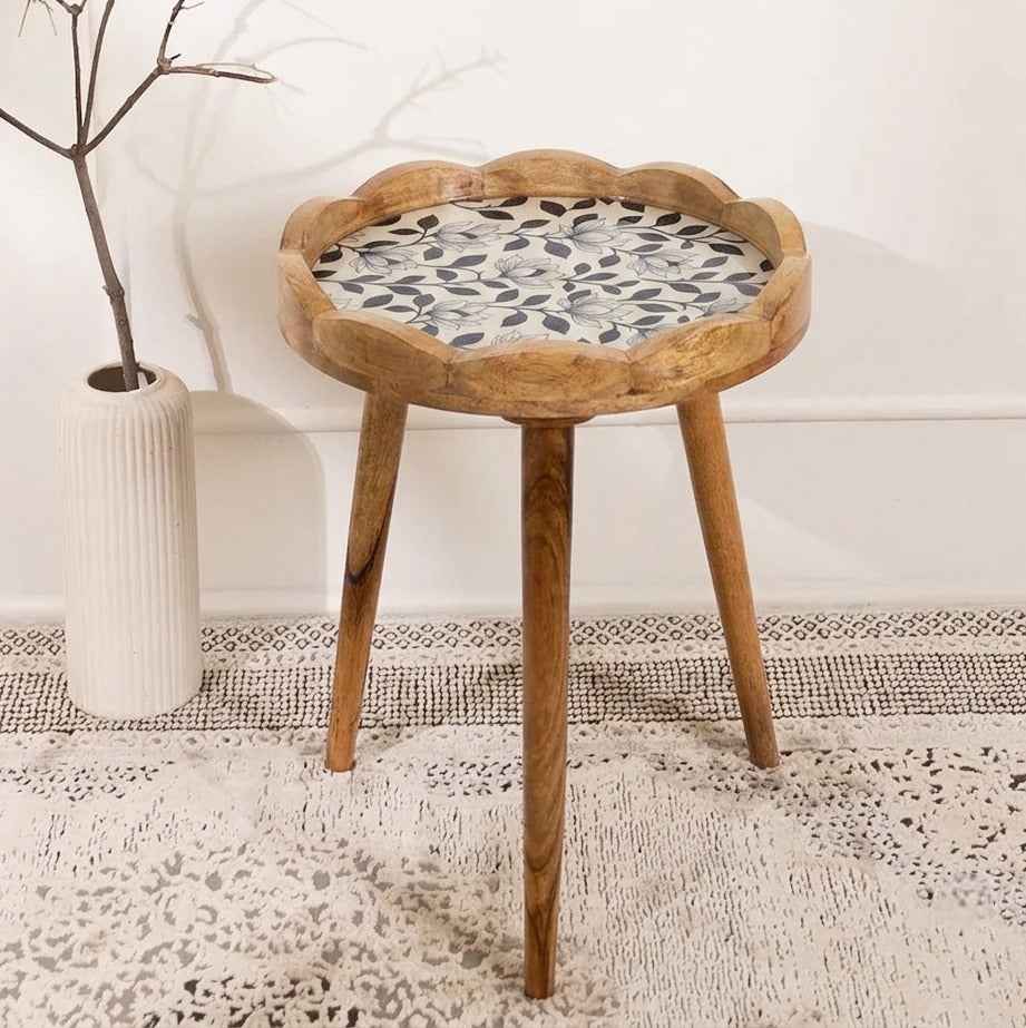 Round Wooden Bed Side Table with Mangolia Lotus Design