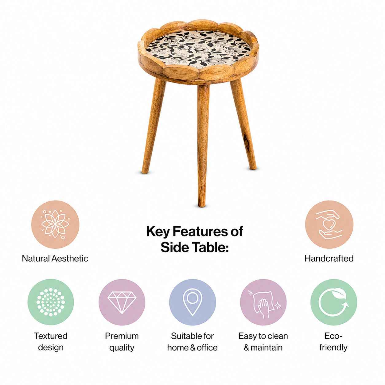 Round Wooden Bed Side Table with Mangolia Lotus Design