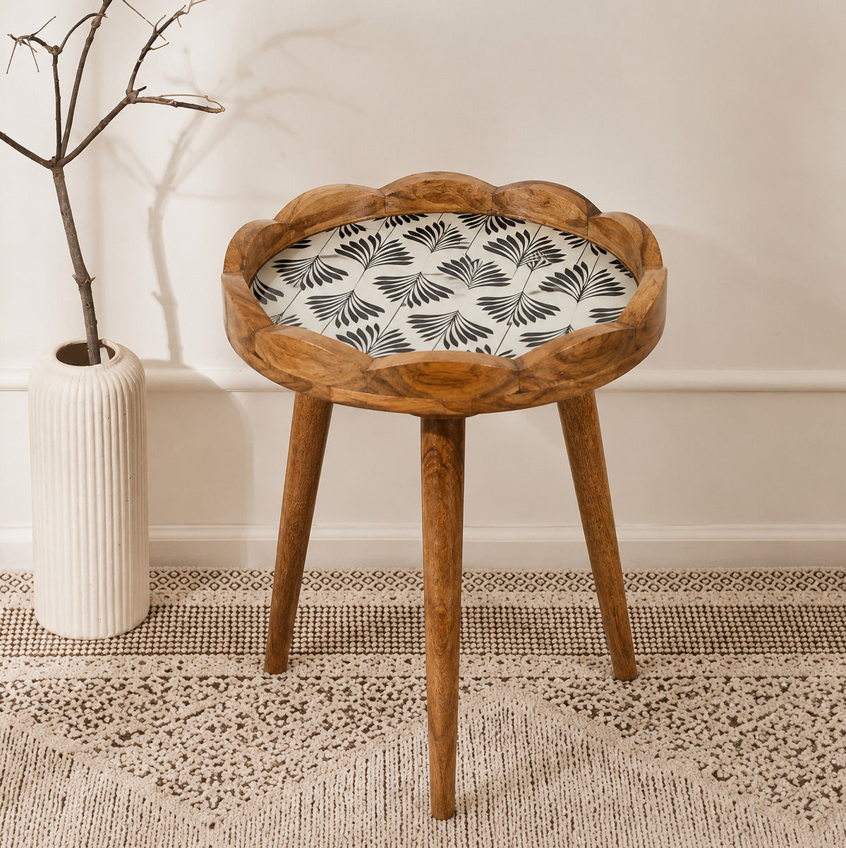 Premium Mango Wood Side Table with Palm Leaf Design