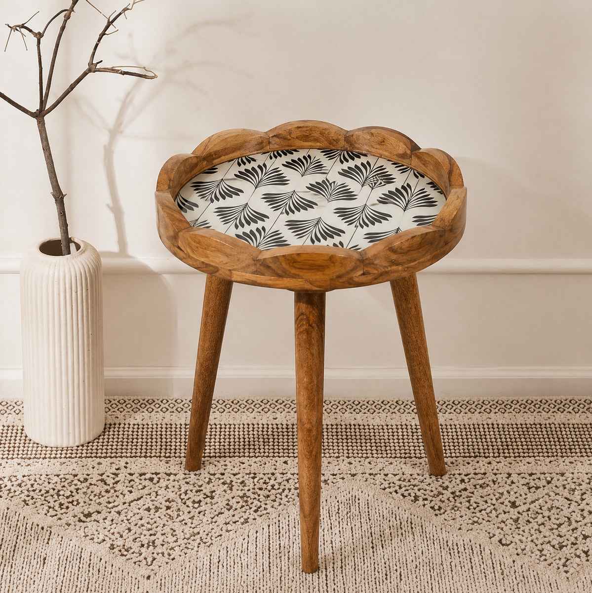 Premium Mango Wood Side Table with Palm Leaf Design
