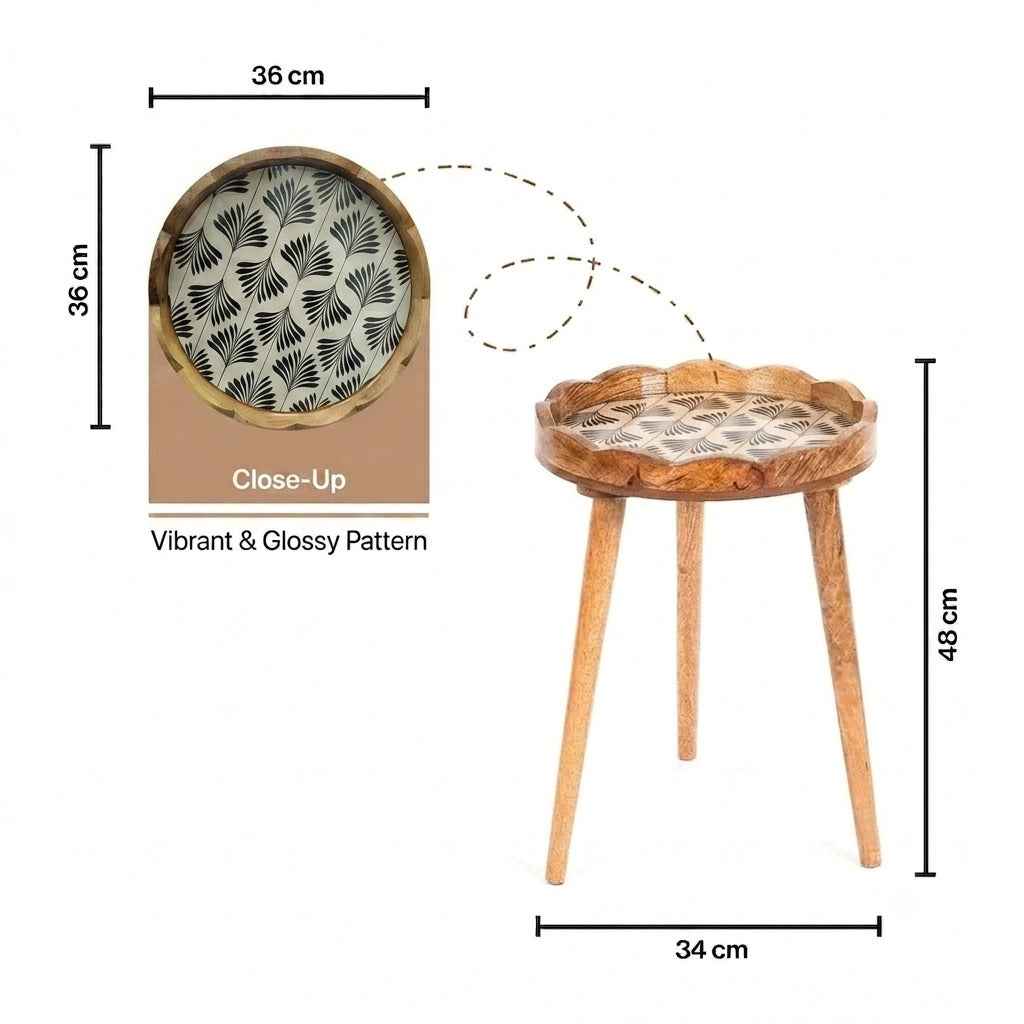 Premium Mango Wood Side Table with Palm Leaf Design