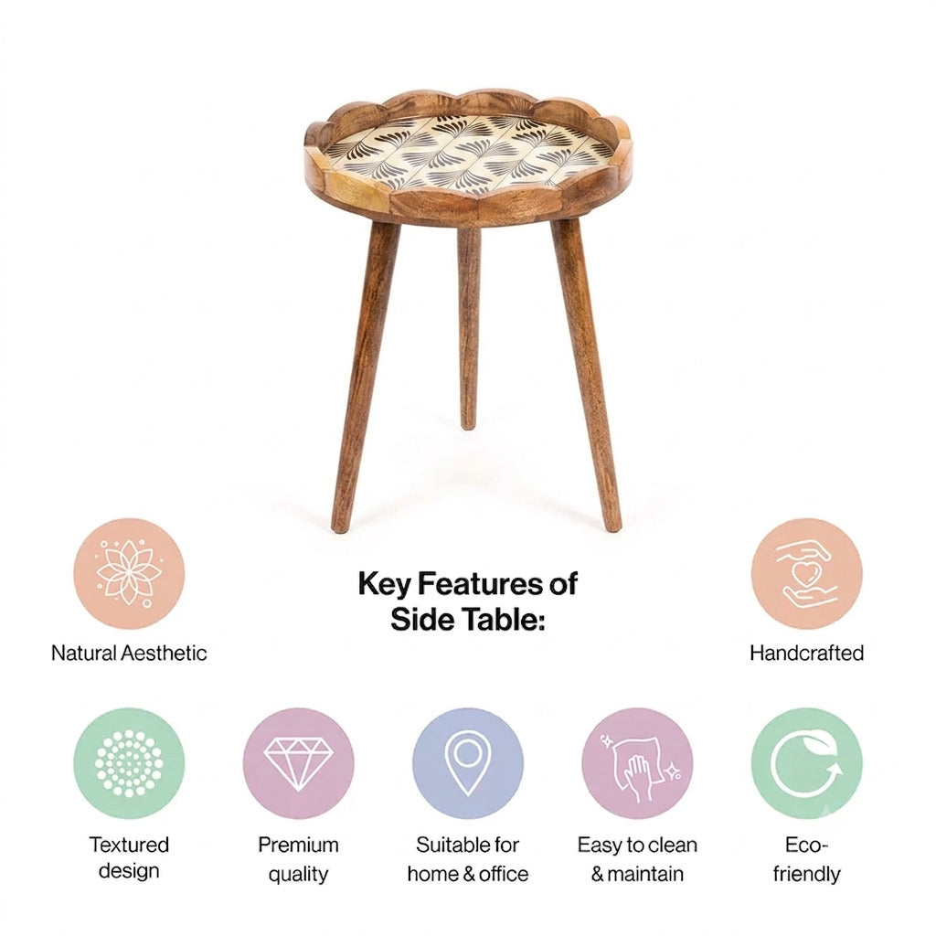 Premium Mango Wood Side Table with Palm Leaf Design