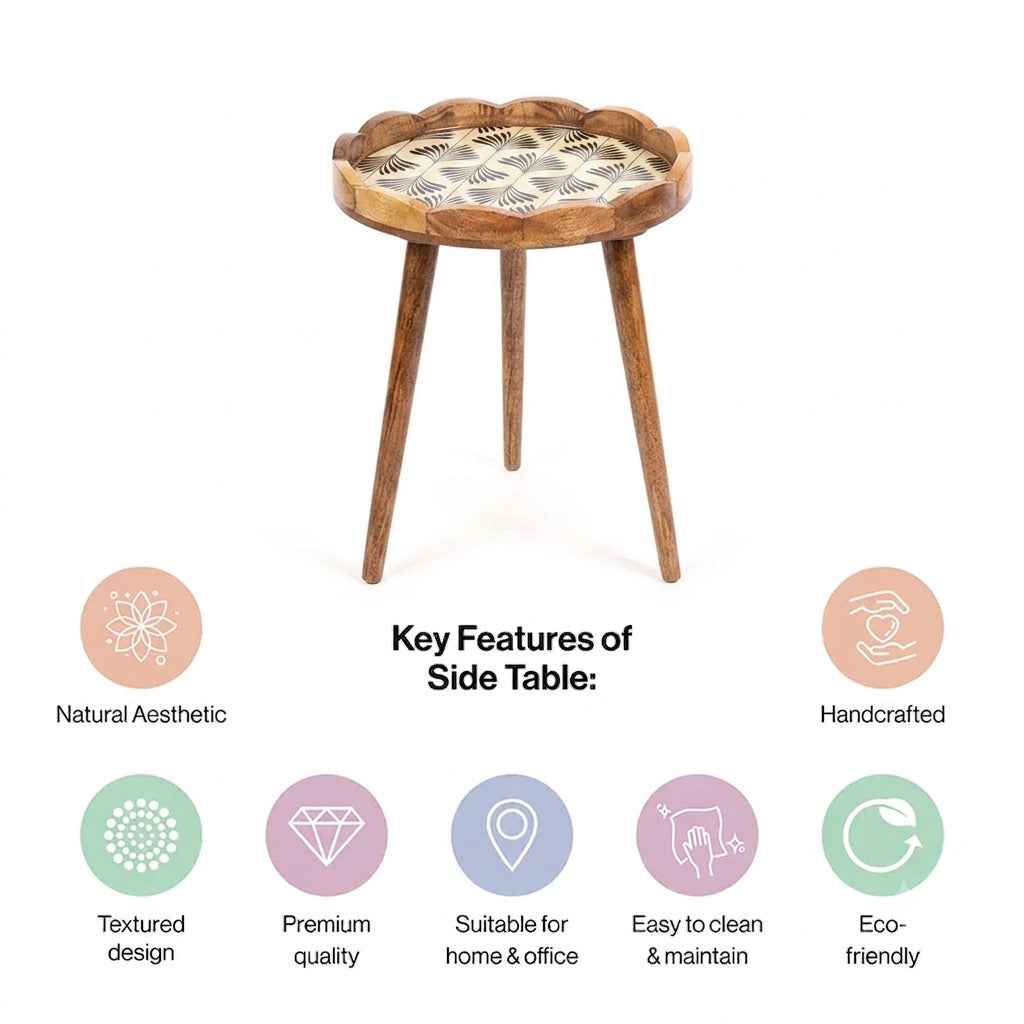 Premium Mango Wood Side Table with Palm Leaf Design