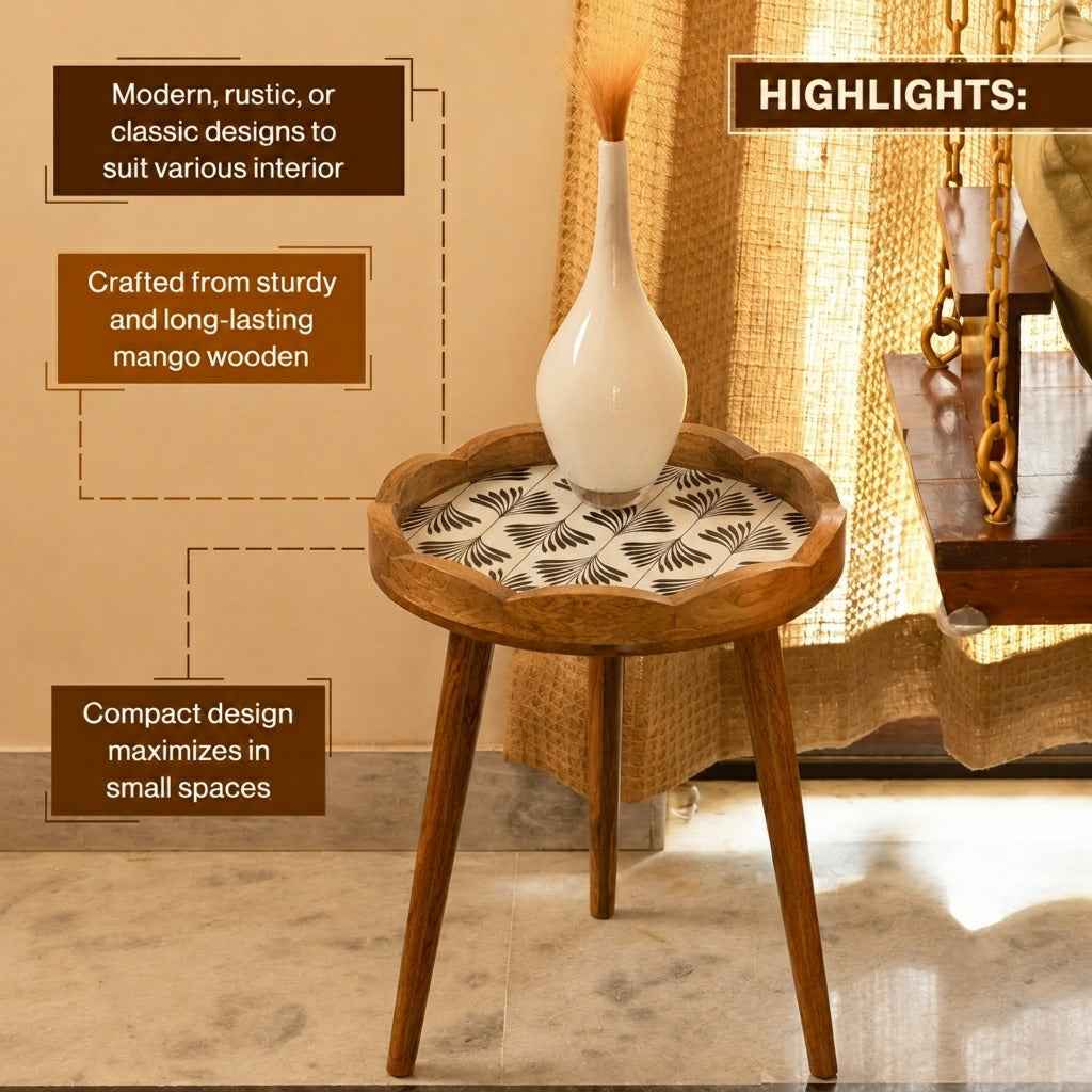 Premium Mango Wood Side Table with Palm Leaf Design