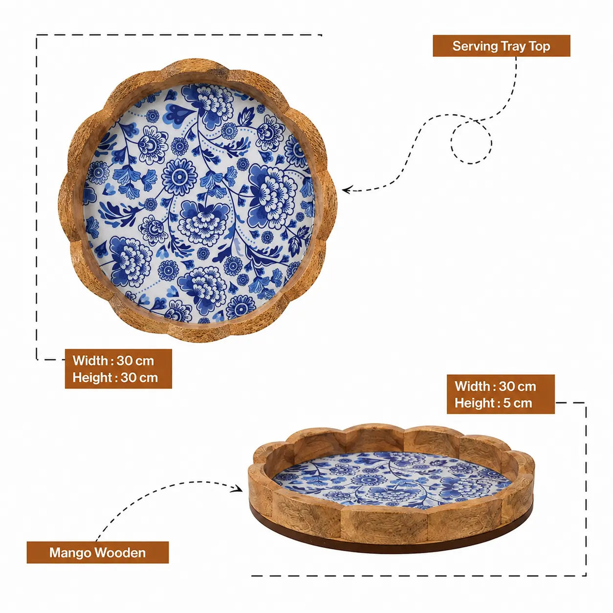 Premium Mango Wood Serving Tray with Blue Floral Design