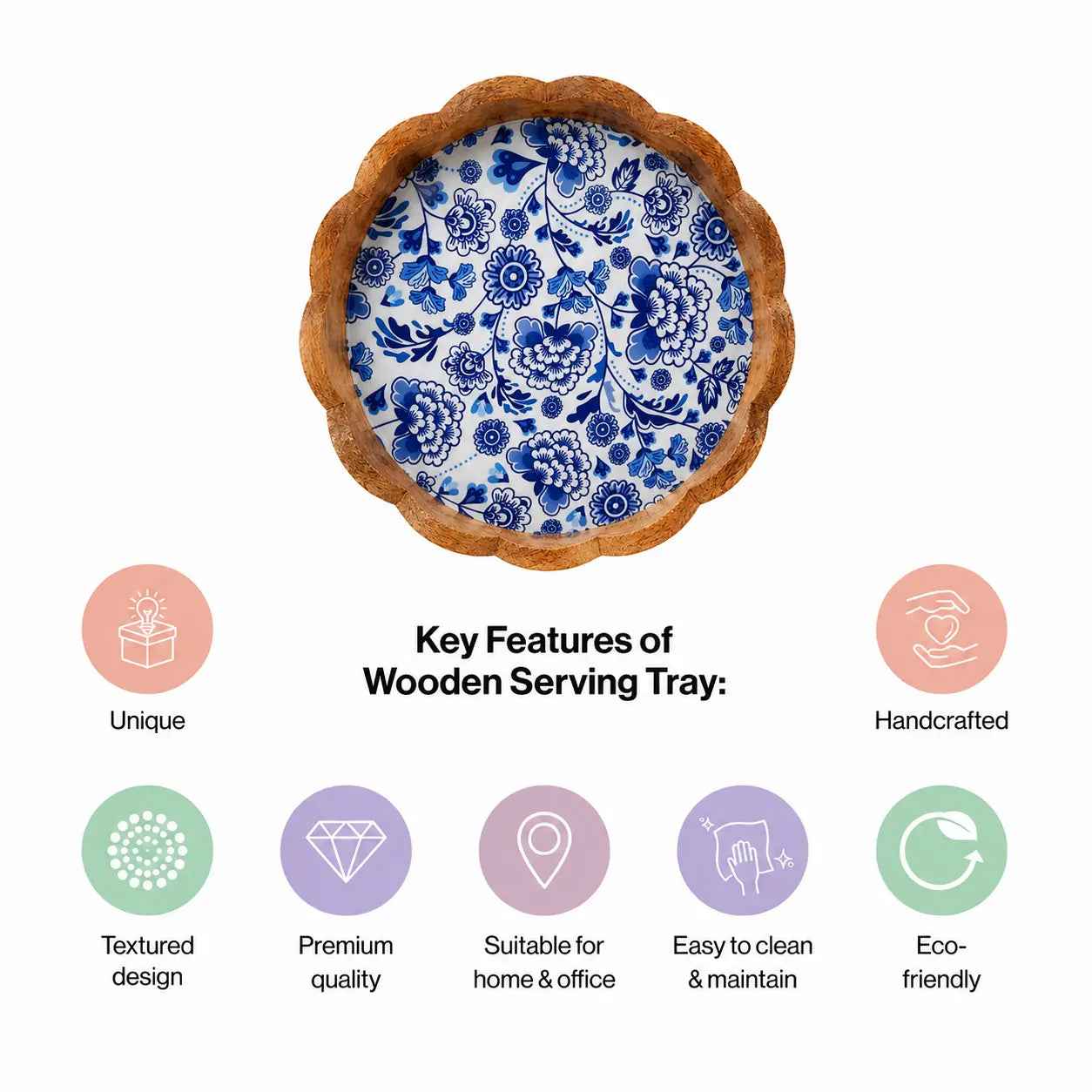 Premium Mango Wood Serving Tray with Blue Floral Design
