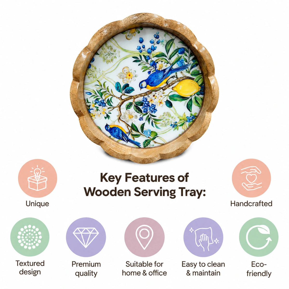 Premium Mango Wood Serving Tray with Lemon & Bird Floral Design