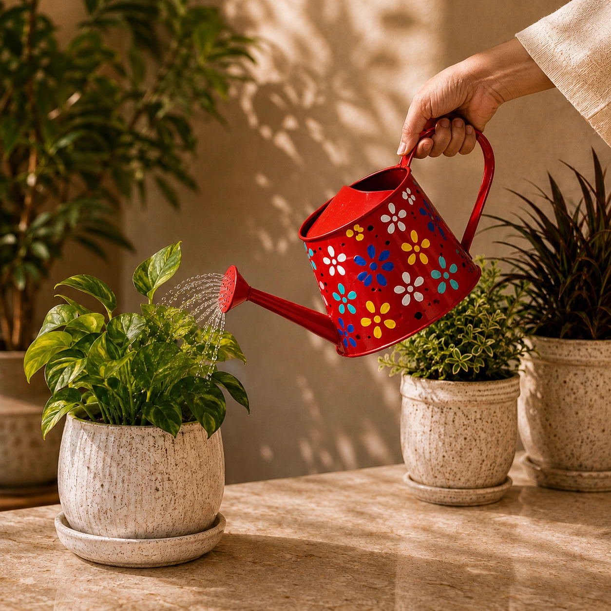 Traditional Watering Can in Floral Print Red (Large)