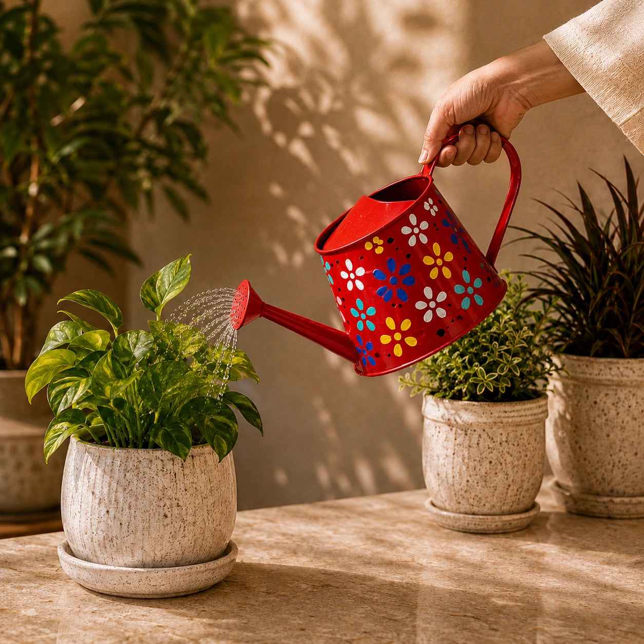 Traditional Watering Can in Floral Print Red (Large)