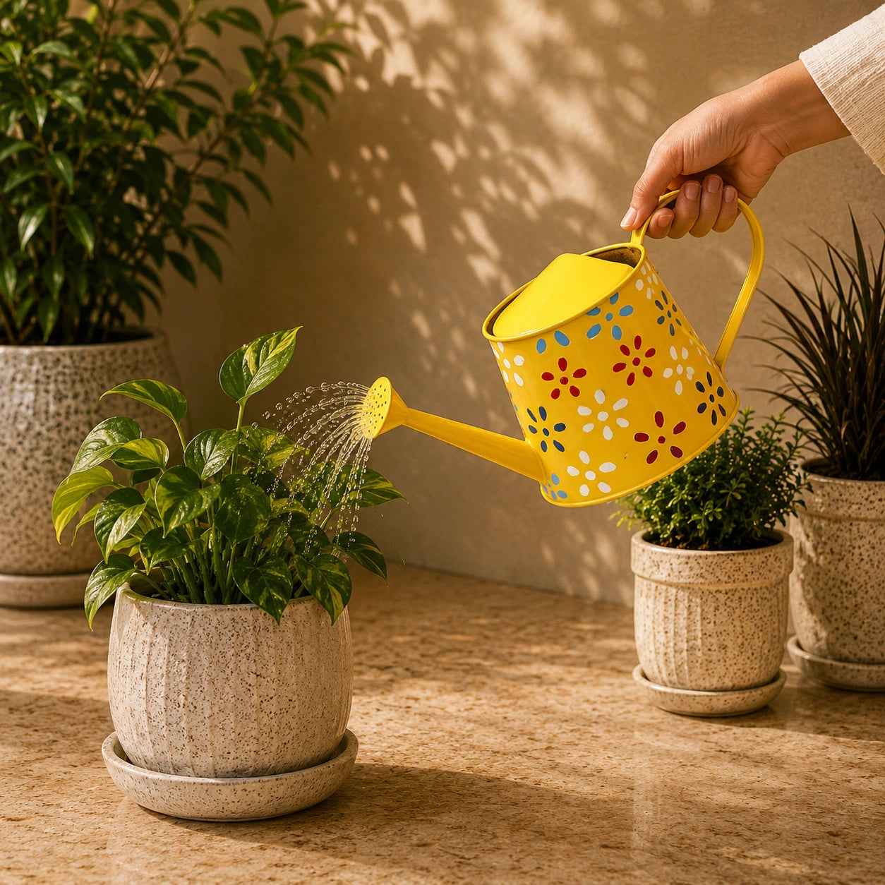 Traditional Watering Can in Floral Print Yellow (Large)