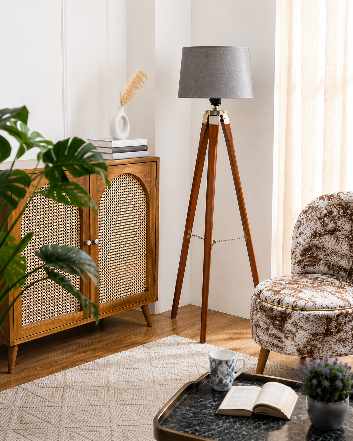 Tripod Floor Lamp With Brown Wood Finish
