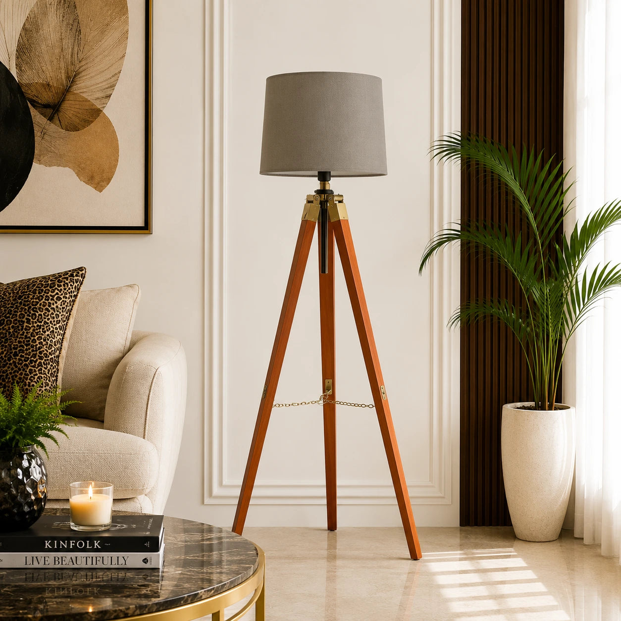 Tripod Floor Lamp With Brown Wood Finish