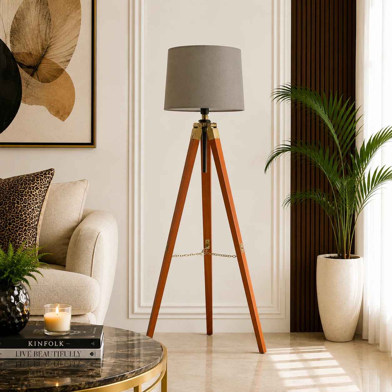 Tripod Floor Lamp With Brown Wood Finish