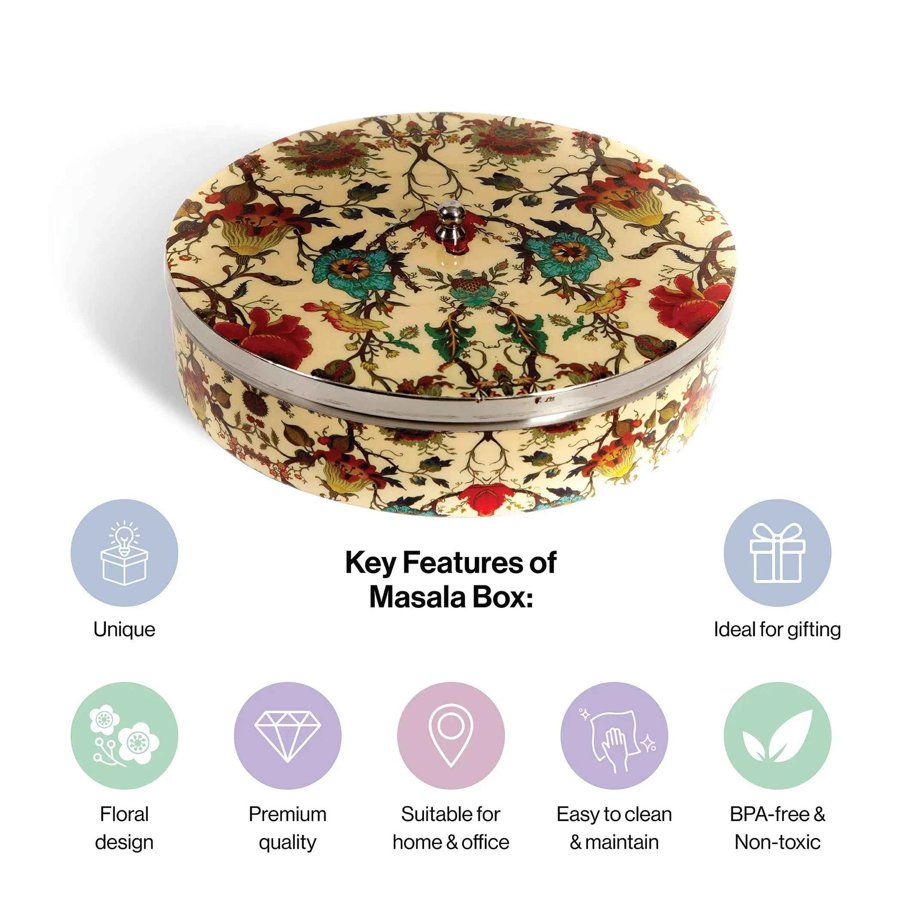 Premium Stainless Steel Masala Box (Spice Box) in Botanical Floral Design