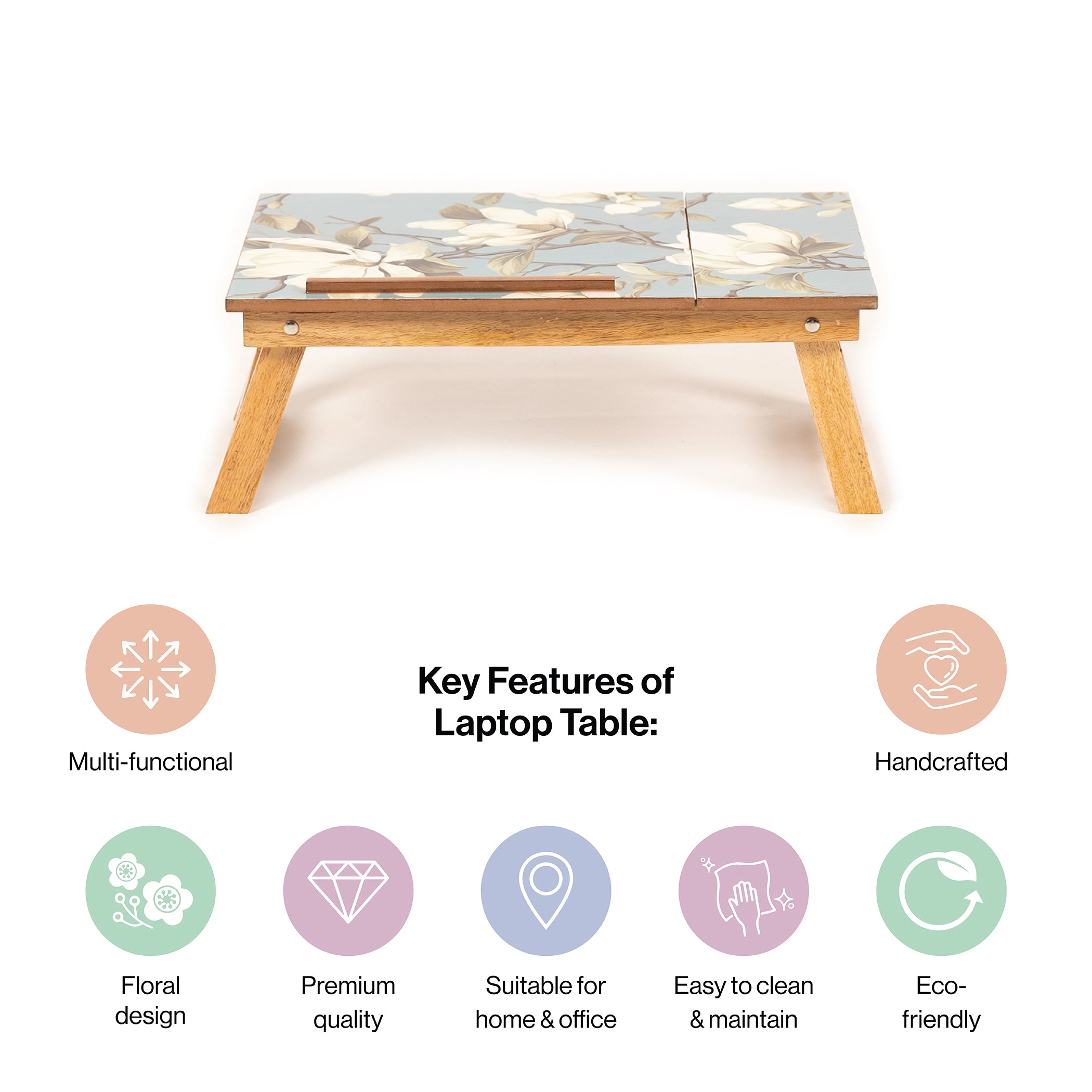 Mango Wood Handmade Folding Laptop Table in Blueflower with Epoxy Resin