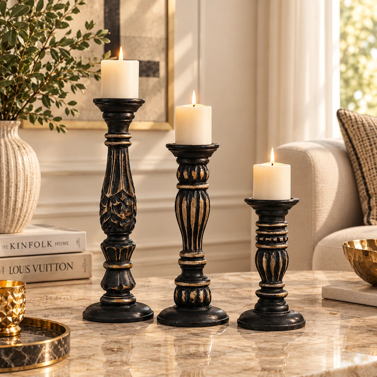 Vintage Wooden Candle Holder Stand In Black Eclipse Set Of 3