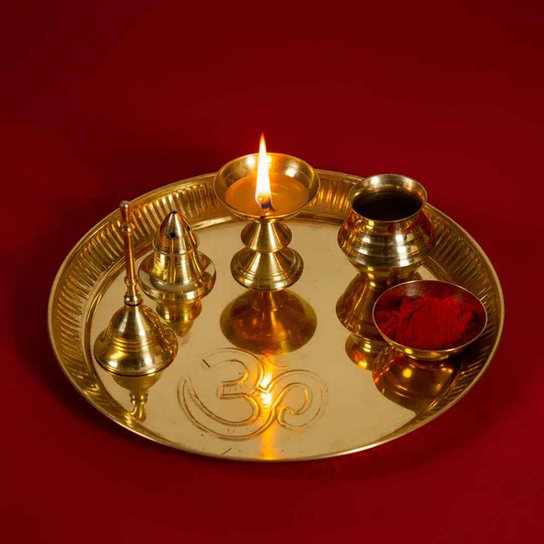 Traditional Golden Pooja Thali Set with Diya & Puja Essentials