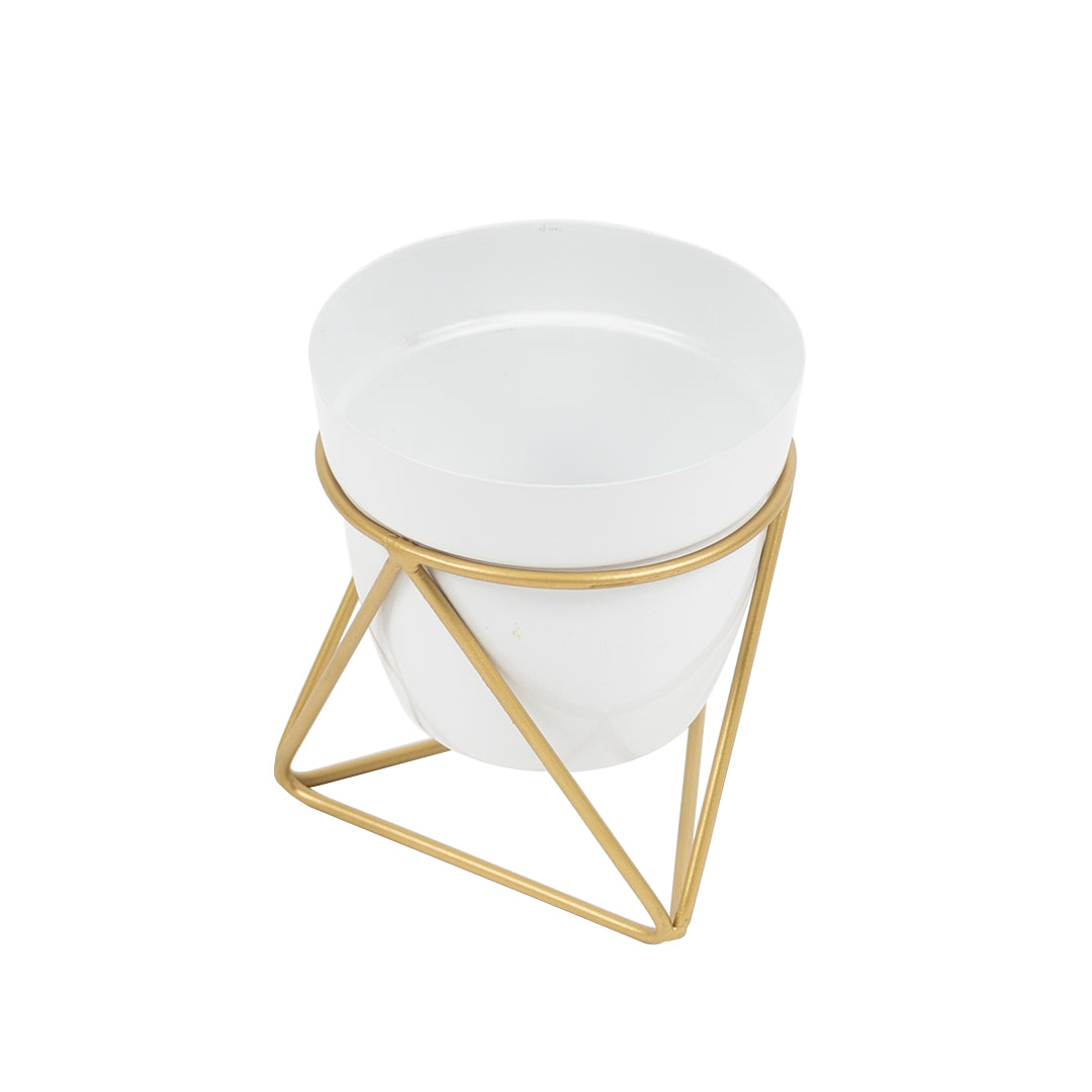 Metal Pots with Single Golden Metal Plant Stand in White Frost