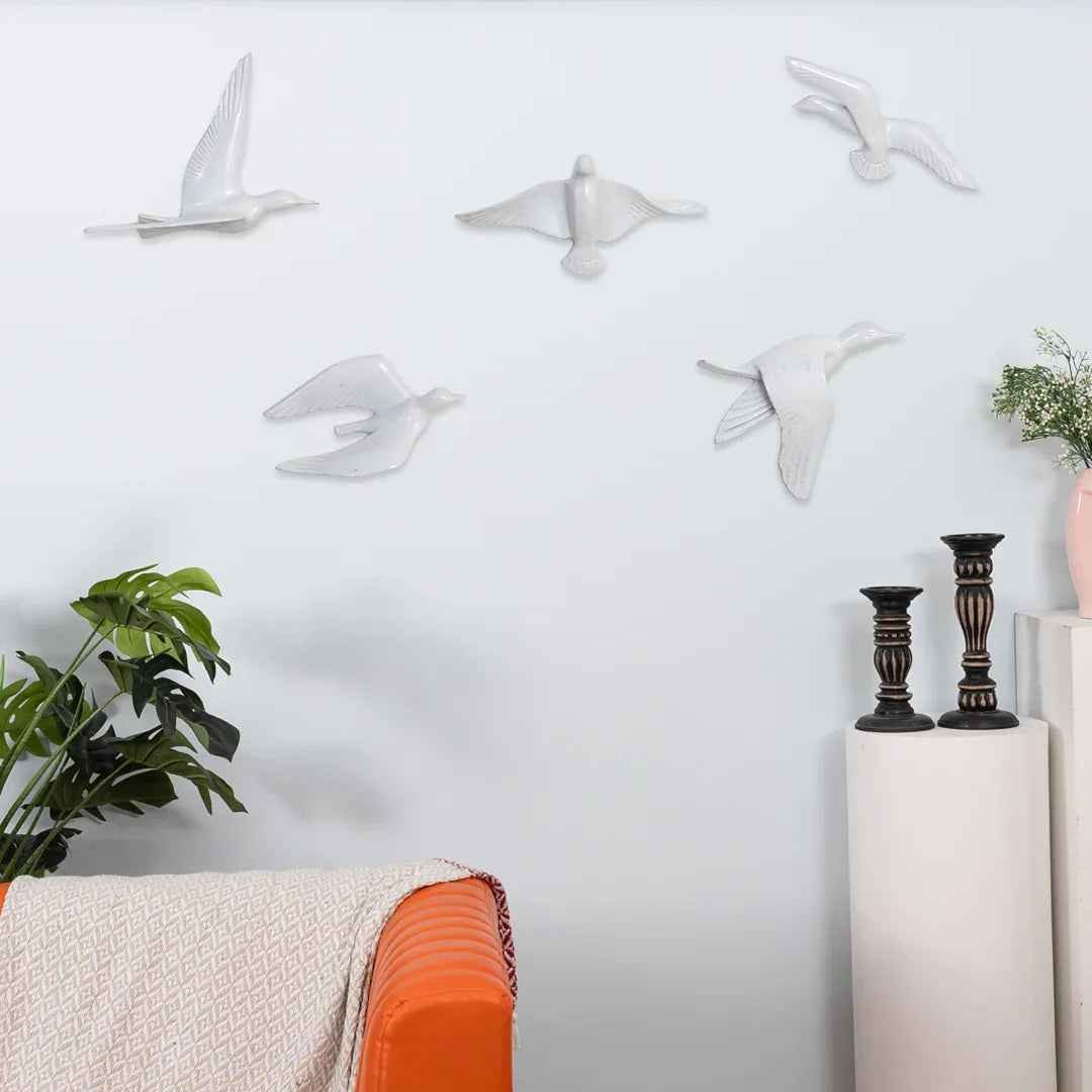 Resin Flying Birds Wall Hanging In White Frost (Set Of 5)
