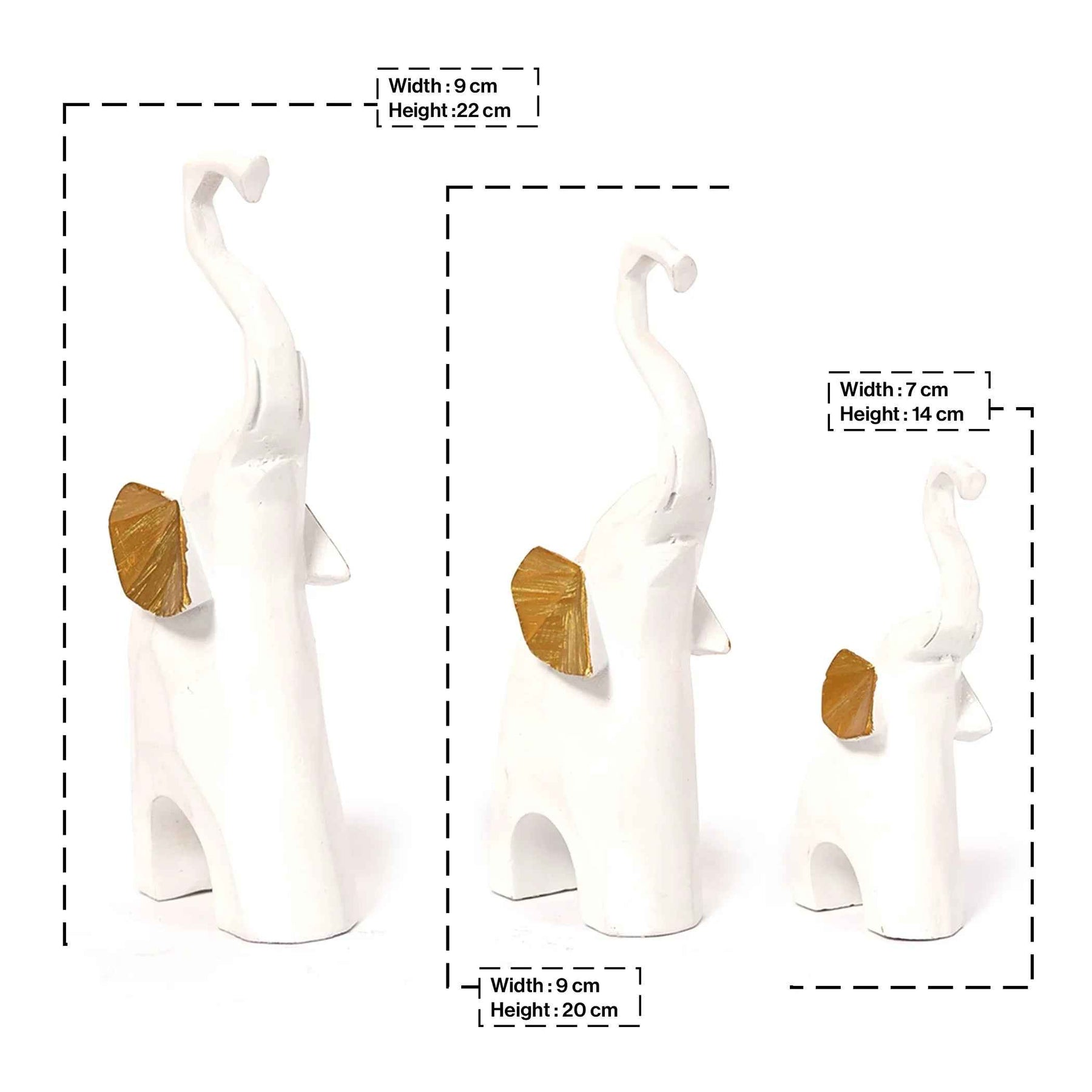 Decorative White Elephant Statue with Gold Finish Set of 3