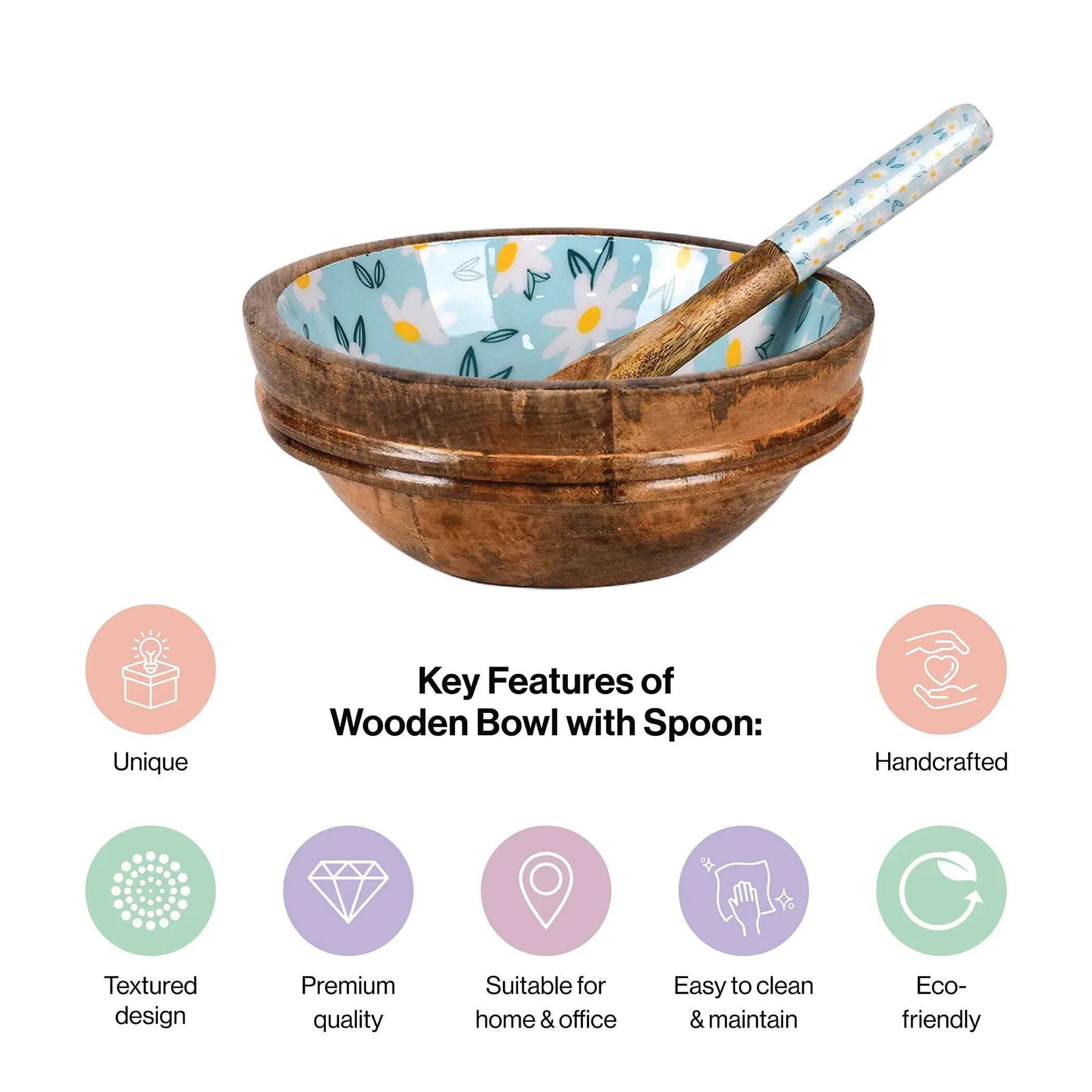 Wooden Serving Bowl with Spoon in Daisy Floral Design