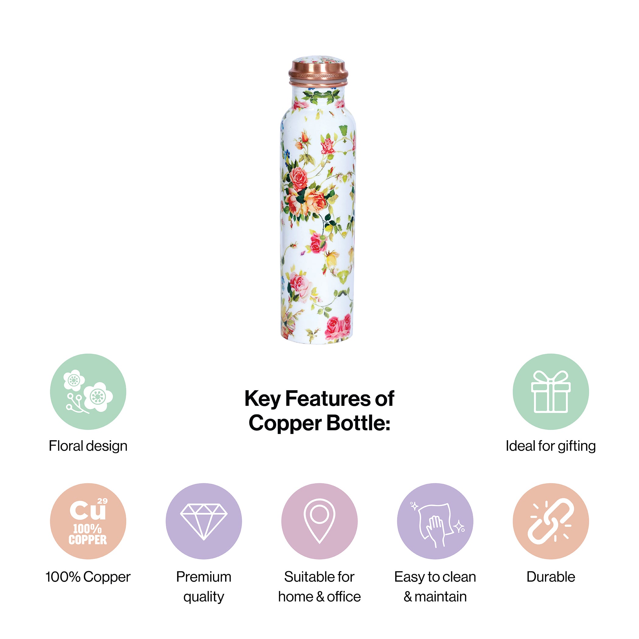 Meenakari Copper Water Bottle 1 Litre In White For Kitchen Decor