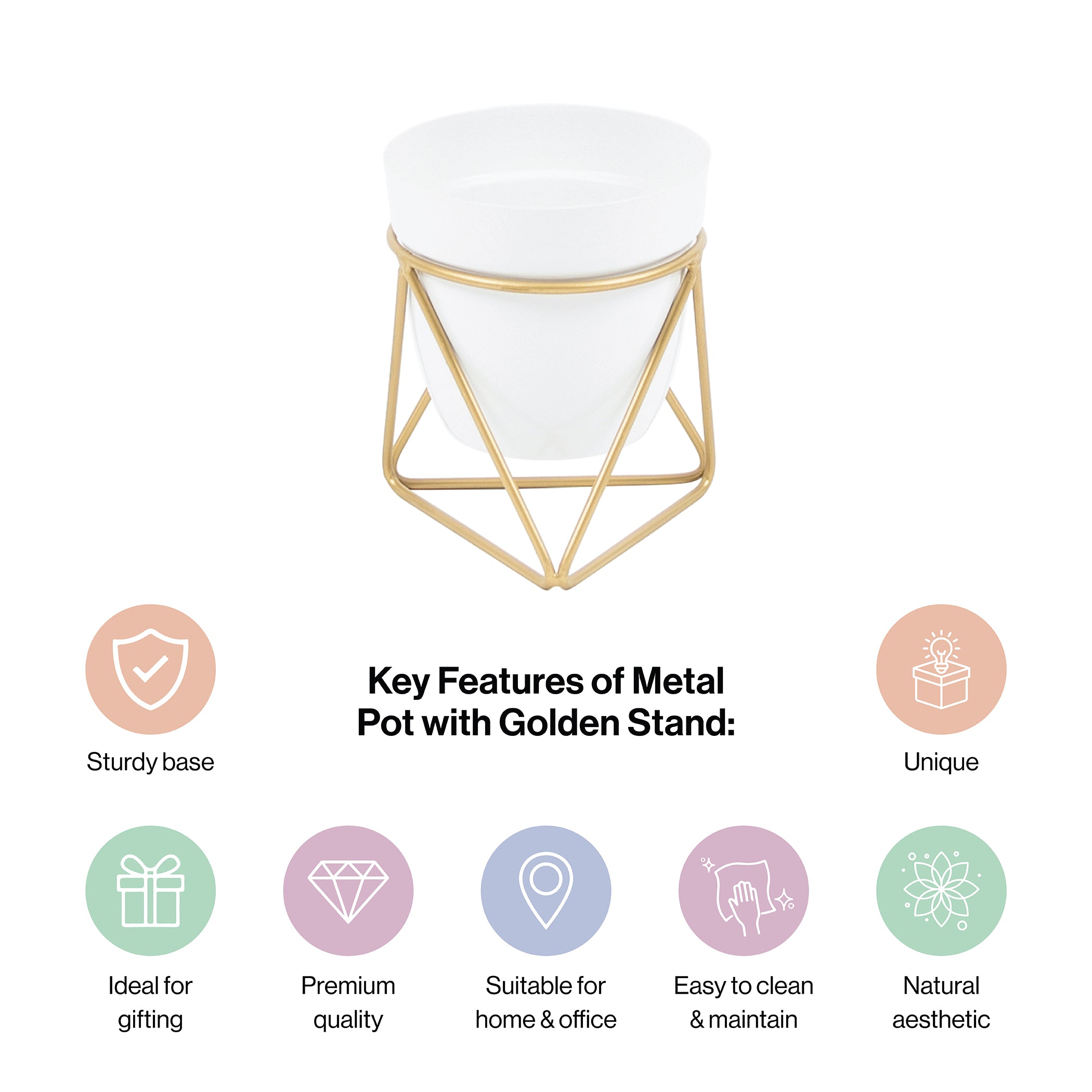 Metal Pots with Single Golden Metal Plant Stand in White Frost