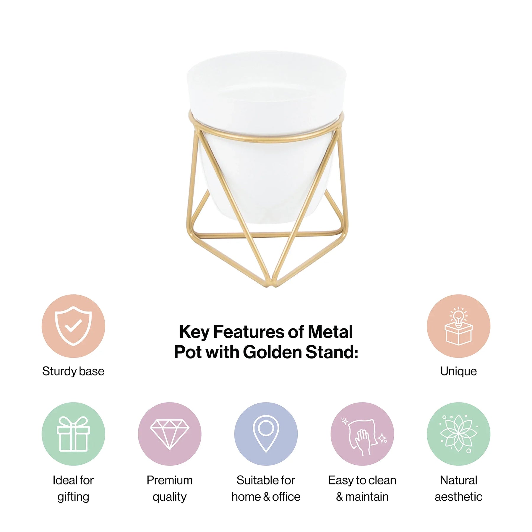 Metal Pots with Single Golden Metal Plant Stand in White Frost