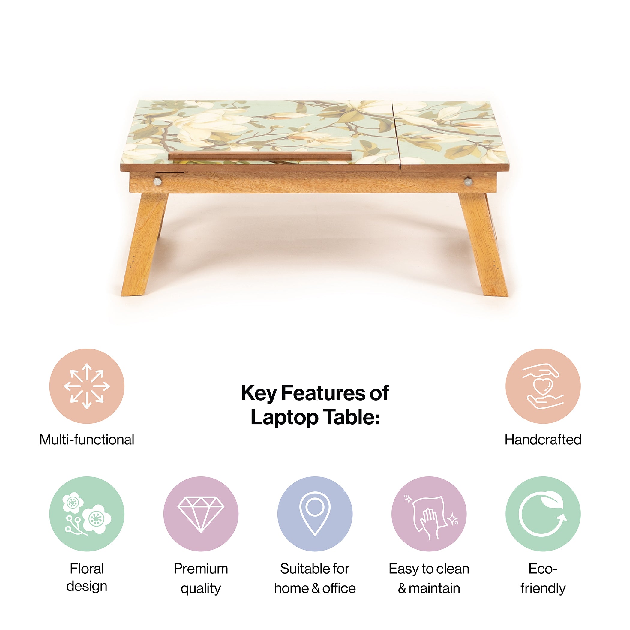 Mango Wood Handmade Folding Laptop Table in Green Magnolia with Epoxy Resin