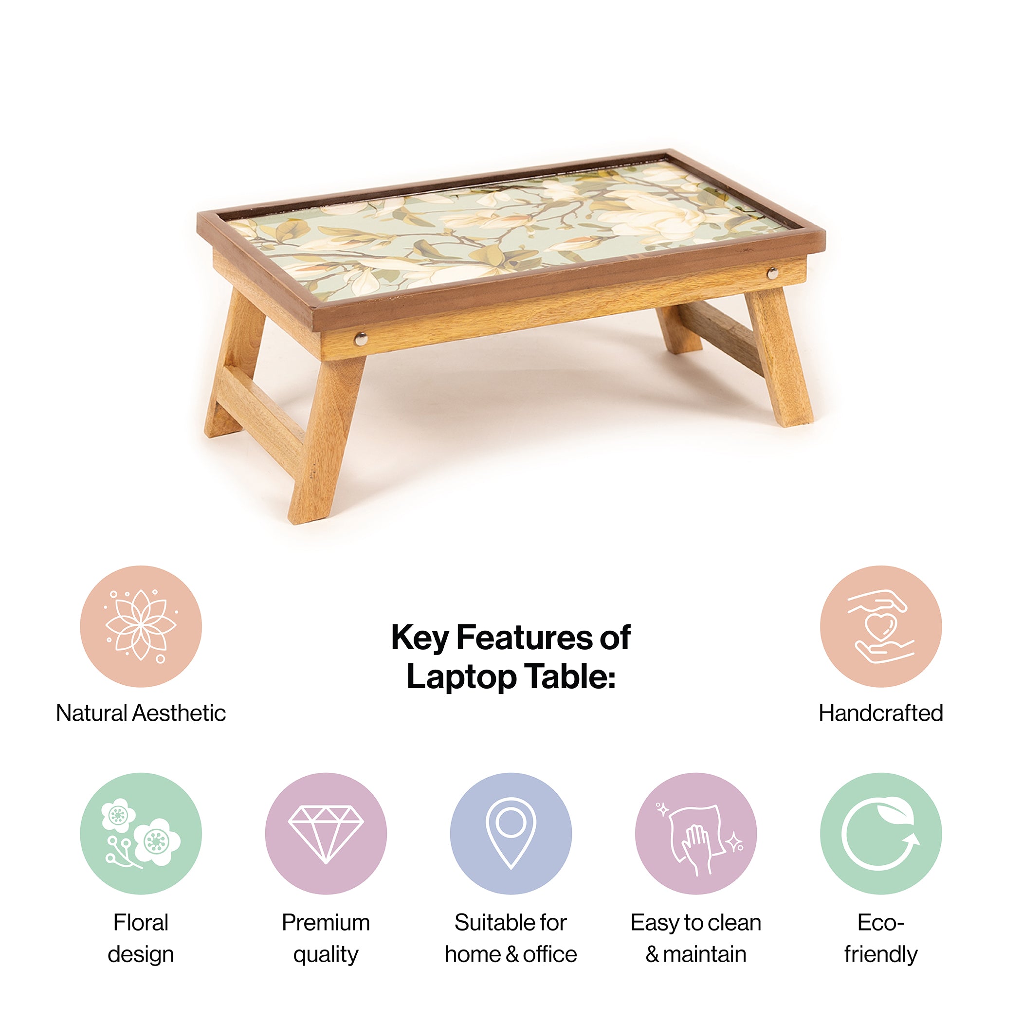 Mango Wood Handmade Fixed Blue Magnolia Laptop Table with Epoxy Resin