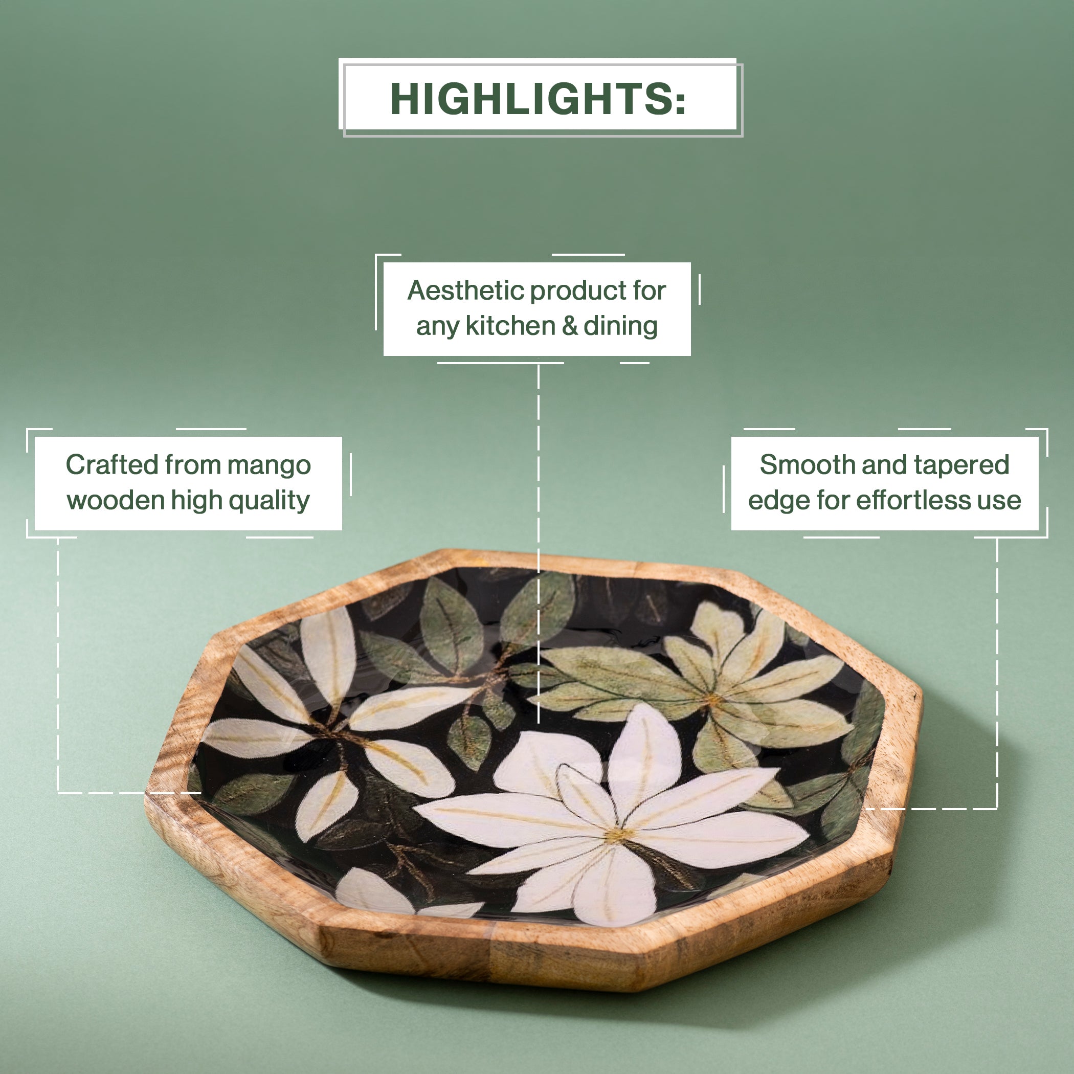 Handcrafted Mango-Wood Rangoon Green Printed Platters Tray-Set Of 2