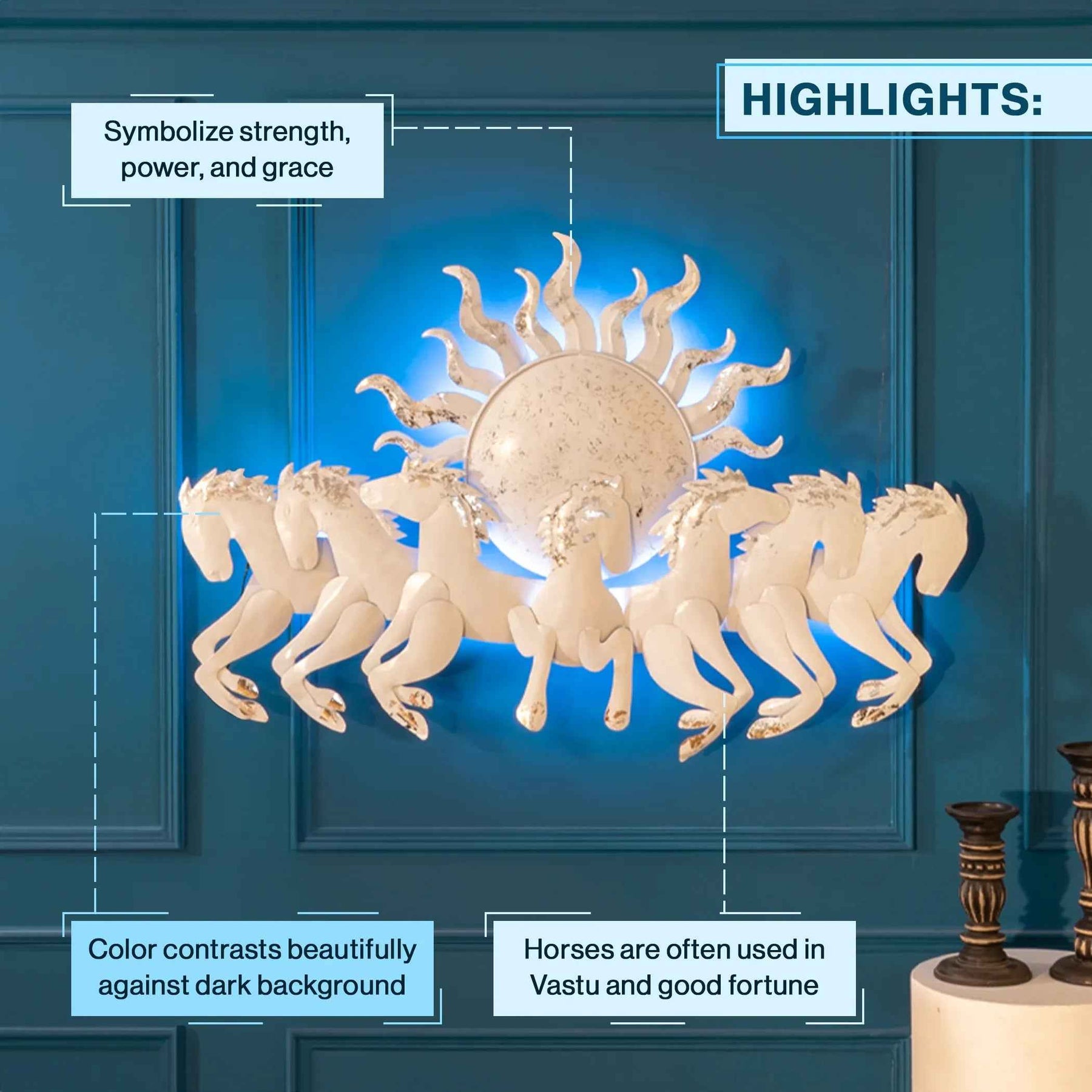 Metal Seven Running White Horses with Sunrise Led Lighting for Home Decor
