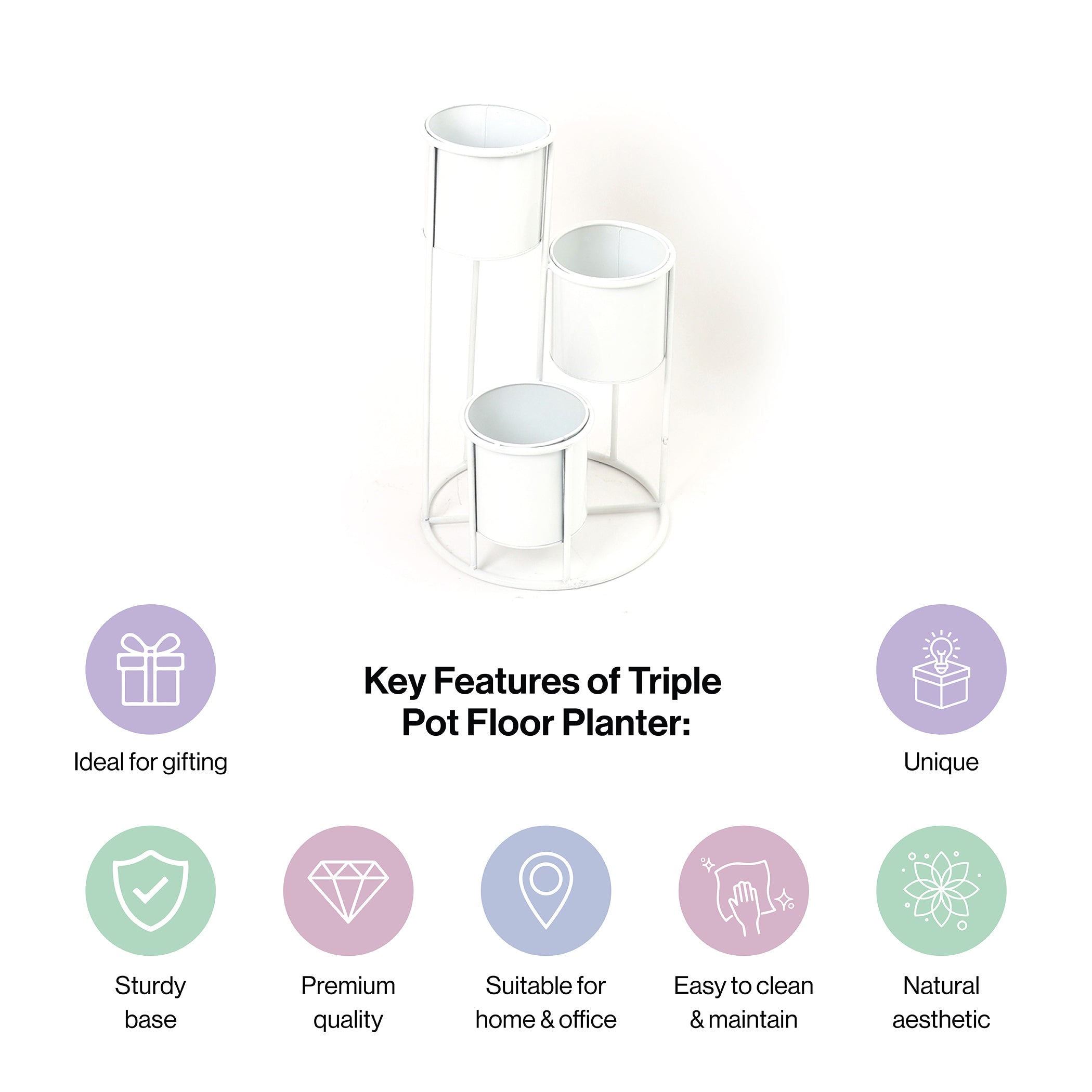 Floor Planter Stand With Triple Pots In White