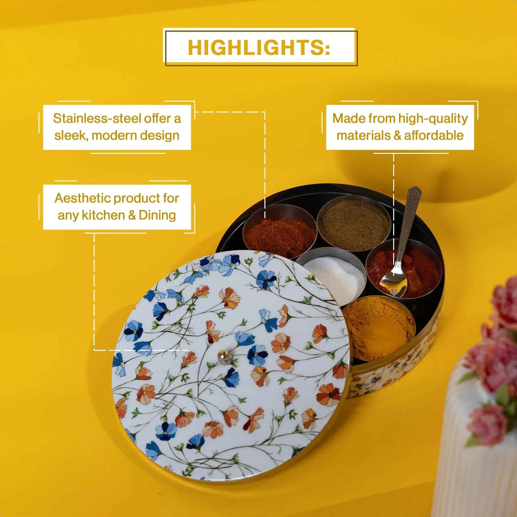 Premium Stainless Steel Masala Box (Spice Box) in Spring Blossom Design