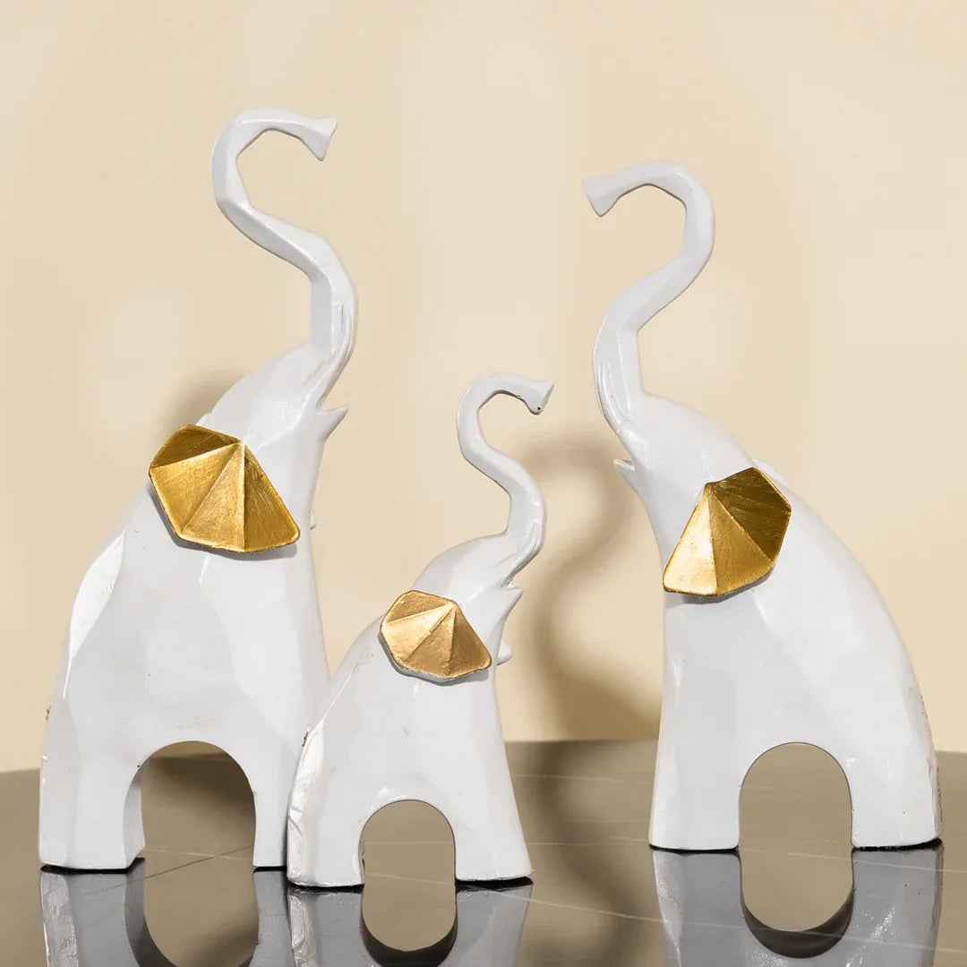 Decorative White Elephant Statue with Gold Finish Set of 3