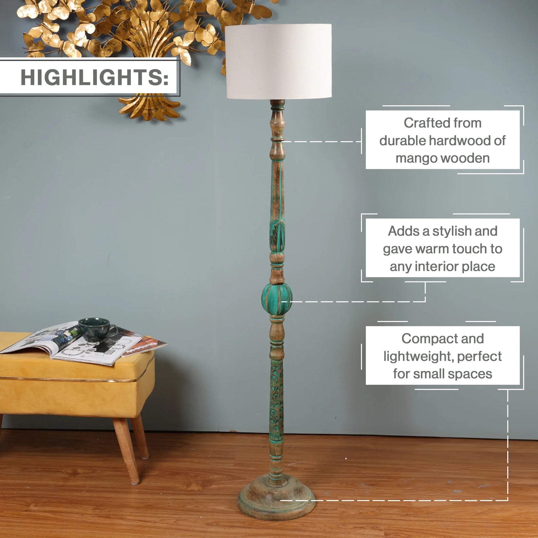 Wooden Floor Lamp with Shades for Living Room – Tall Vintage Standing Lamp