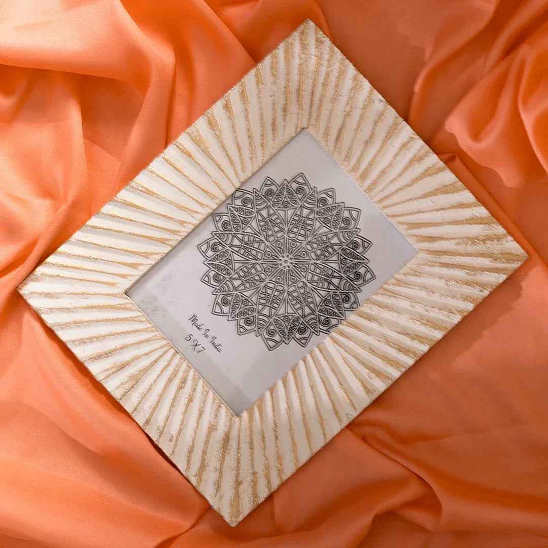 Handcrafted Wooden Sunburst Photo Frame in White & Gold