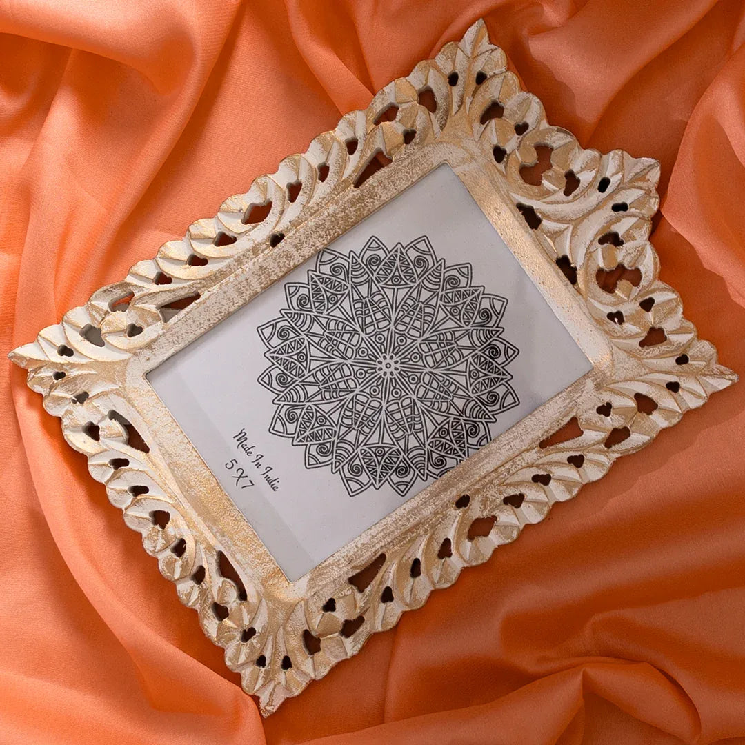 Wooden Wall Decor Mirror Photo Frame in White and Golden Hues-Wall Mount